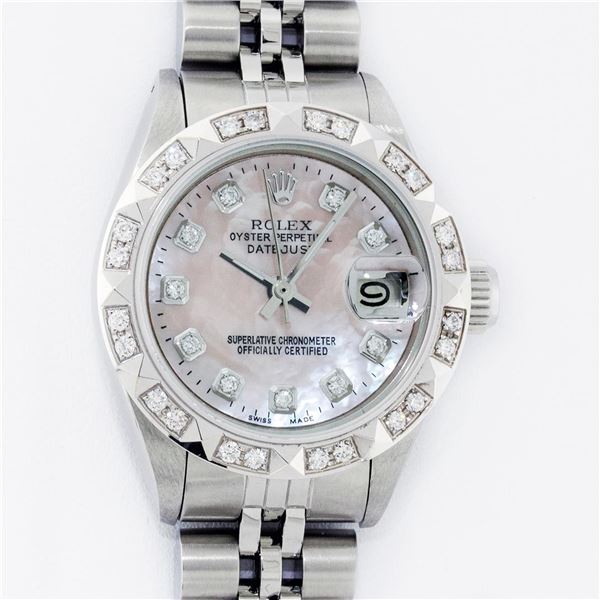 Rolex Ladies Stainless Steel Pink MOP Pyramid Diamond Datejust Wristwatch 26MM