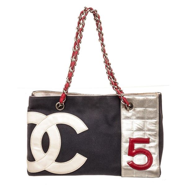 Chanel Black White Denim CC Shopper Tote Bag