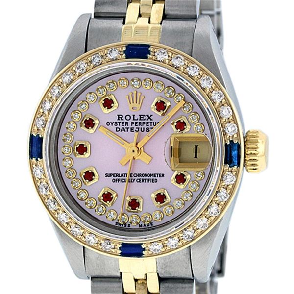 Rolex Ladies 2 Tone Pink MOP Ruby & Sapphire Datejust Oyster Perpetual Wriswatch