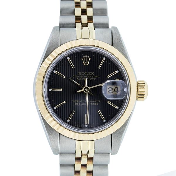 Rolex Ladies 2 Tone Factory Black Tapestry Datejust Wristwatch