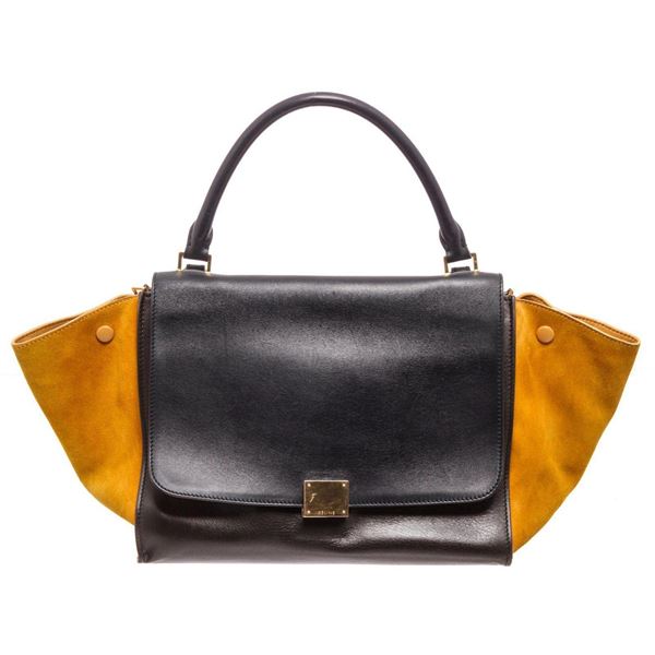 Celine Black Navy Suede Leather Trapeze Mustard Satchel Bag