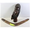 Image 1 : HANDCARVED  AFRICAN HEAD,NEW BOOMERANG AUSTRALIA +