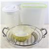 CHROME FRUIT DISH, PYREX DISH/LID, JUG, CEREAL