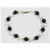 Image 1 : #327-BLACK AGATE & FRESH WATER PEARL BRACELET 7.5"