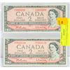 Image 1 : 2 1954 CANADIAN 2 DOLLAR BILLS