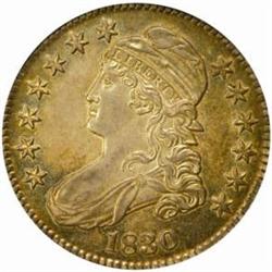 1830 Cap Bust 50C. O-106 R-2. Small 0 AU-58 (NGC)