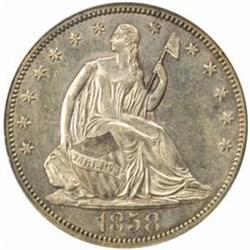 1858 Seated Lib 50C. Tail Hub Variety I MS-62 NGC