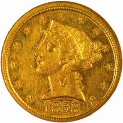 1858-D Liberty $5. Winter 35-DD Large D MS61(NGC)