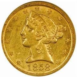 1858-D Liberty $5. Medium D. AU58 PCGS CAC
