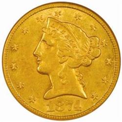 1874-CC Liberty $5 Winter 1-B AU-58 (NGC)