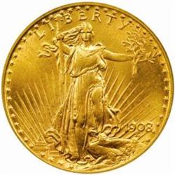 1908-D Saint-Gaudens $20. No Motto MS-63 (PCGS)
