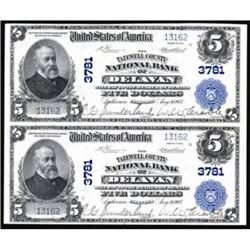 Delavan, IL $5 1902 Plain Back Fr 600. Uncut Pair
