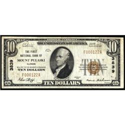 Mount Pulaski, IL $10 1929. FNB Charter #3839 F+