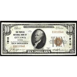 Ottawa, KS $10 1929.Peoples NB Charter #1910 VF