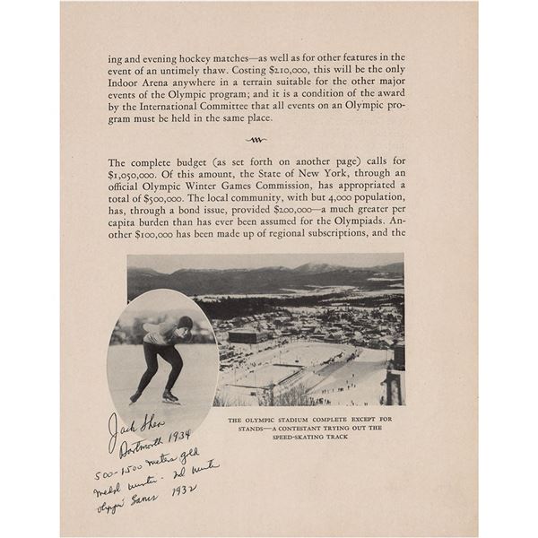 Lake Placid 1932 Winter Olympics Booklet Signed by Jack Shea