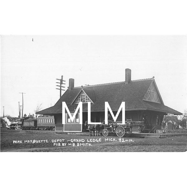 Pere Marquette Depot Grand Ledge, Michigan Train At Station & Horse Wagon Photo PC