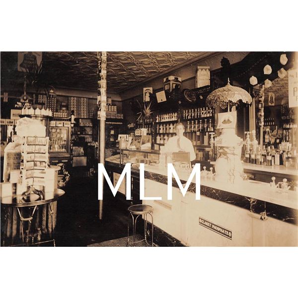 Store Interior Soda Counter Postcard Rack & Moxie Sign Photo PC