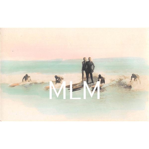 Men Surfing in Hawaii Tinted Photo Postcard