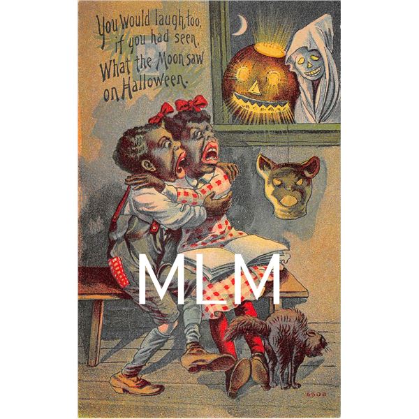 Black Americana Halloween Cat, Pumpkin & Ghost # 6508 Postcard
