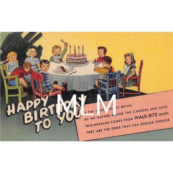 Happy Birthday to You Cake Walk-Rite Shoes Linen Advertising Newark, New Jersey Postcard
