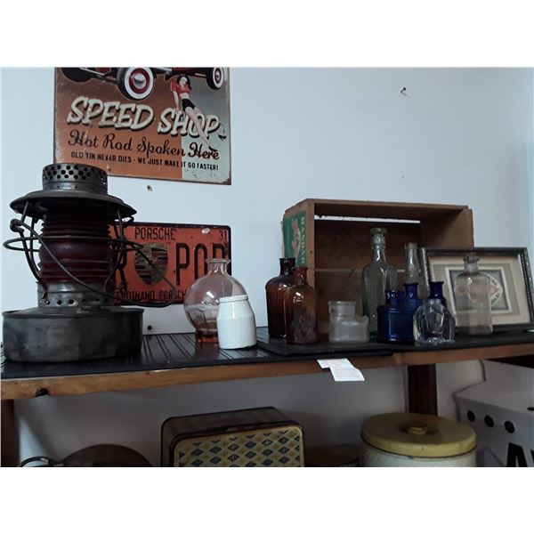 Vintage Red Glass Lantern, Wood Orange Box, + Vintage Bottles