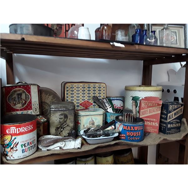 Shelf Lot Of Vintage Food Tins + Vintage Utensils