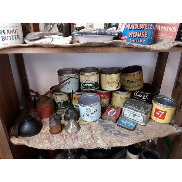 Shelf Lot Of Vintage Tobacco Tins + Oil Cans