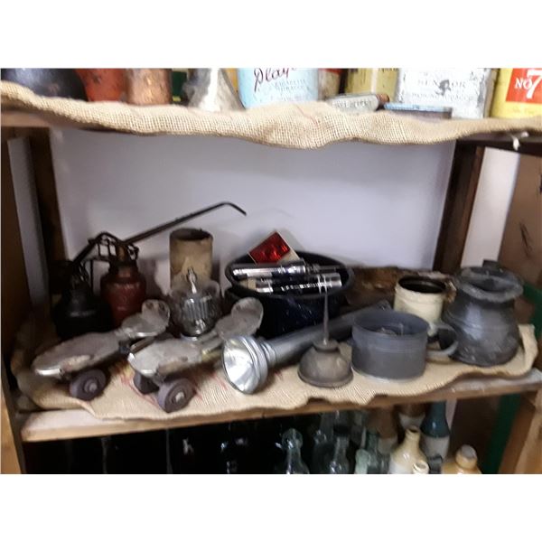 Shelf Lot Of Vintage Oil Cans, Roller Skates, Flashlight + More