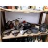 Image 1 : Shelf Lot Of Vintage Oil Cans, Roller Skates, Flashlight + More