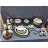 Image 1 : Set Of Green + Gold Dinnerware Minus 1 Dinner Plate