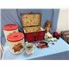 Image 2 : Antique Doll W/Clothes, Mini Vintage Iron, Cannisters + More