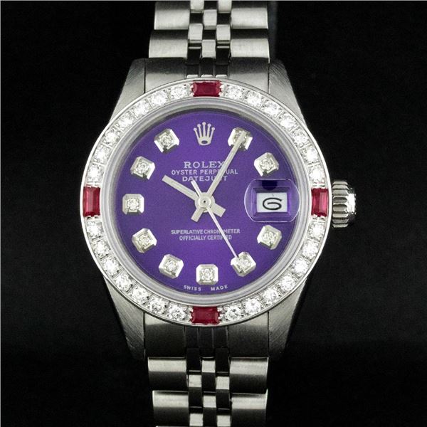 Rolex Ladies Stainless Steel Purple Diamond & Ruby Datejust Wristwatch