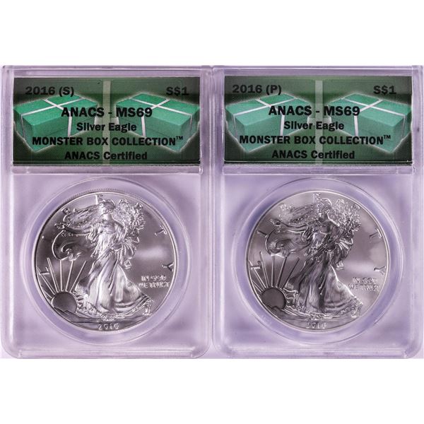 Lot of 2016(P) & 2016(S) $1 American Silver Eagle Coins ANACS MS69