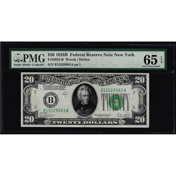 1928B $20 Federal Reserve Note New York Fr.2052-B PMG Gem Uncirculated 65EPQ