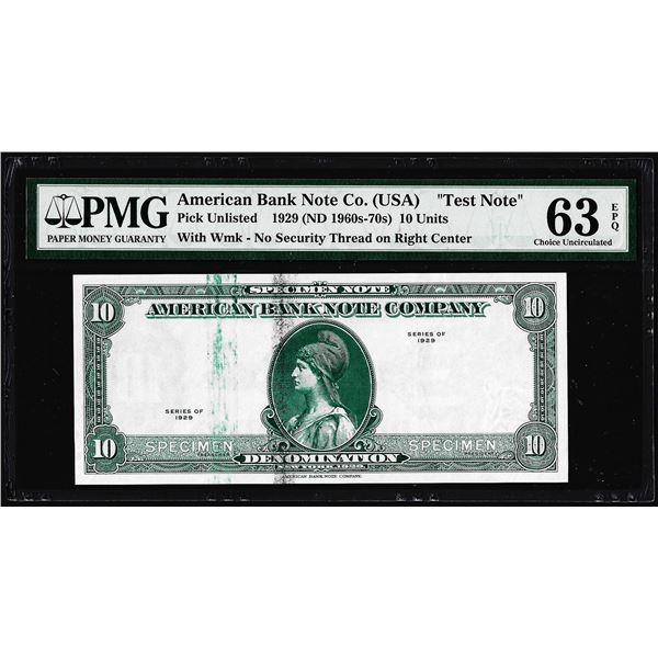 1929 10 Unit American Bank Note Co. "Test Note" PMG Choice Uncirculated 63EPQ