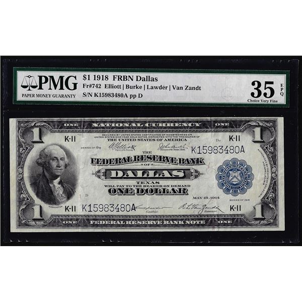 1918 $1 Federal Reserve Bank Note Dallas Fr.742 PMG Choice Very Fine 35EPQ