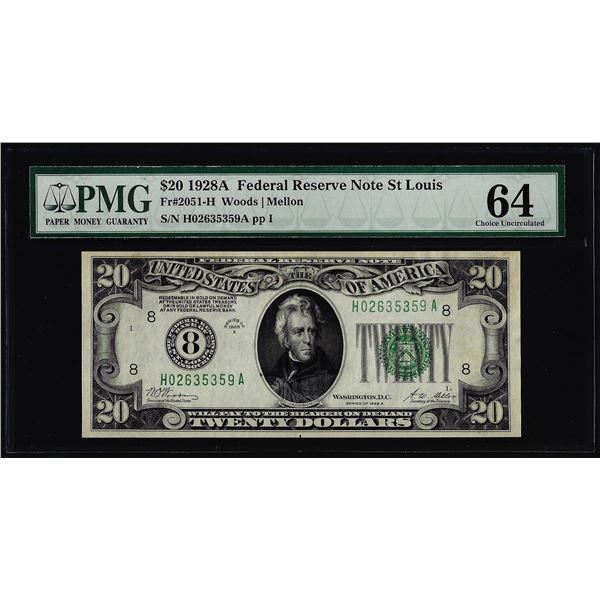 1928A $20 Federal Reserve Note St. Louis Fr.2051-H PMG Choice Uncirculated 64