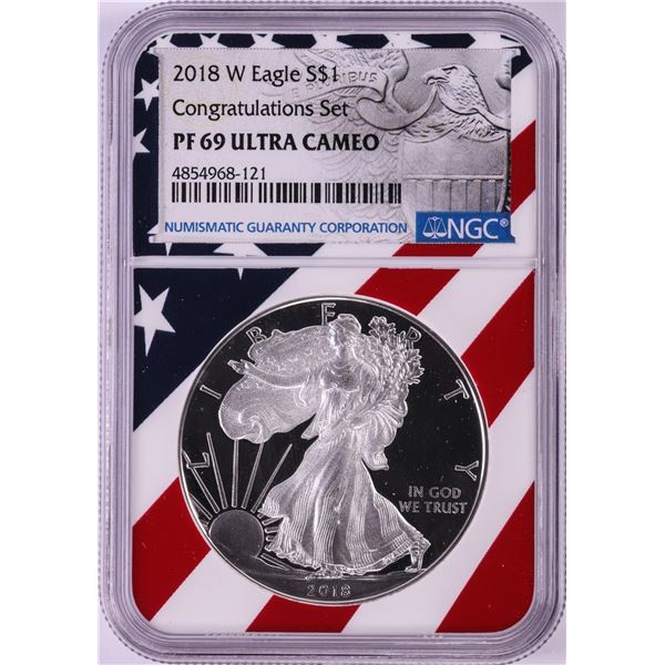 2018-W $1 Proof American Silver Eagle Coin NGC PF69 Ultra Cameo Congratulations Flag