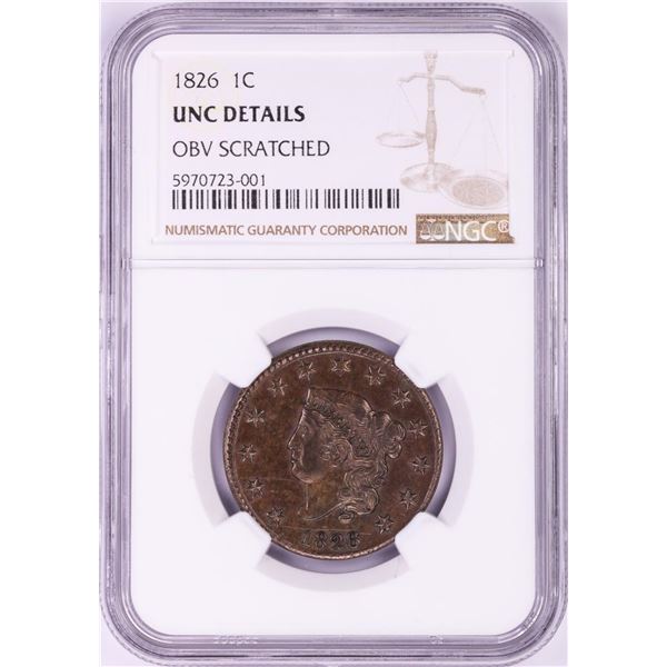 1826 Coronet Head Large Cent Coin NGC Unc Details