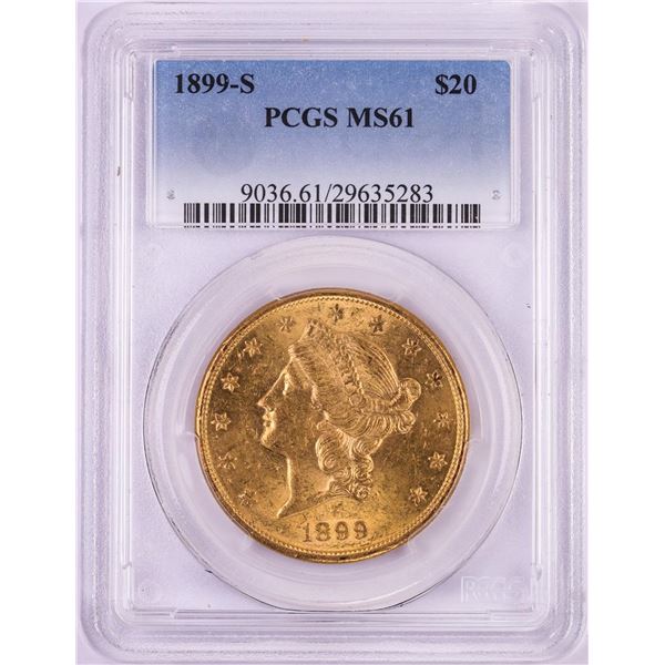 1899-S $20 Liberty Head Double Eagle Gold Coin PCGS MS61