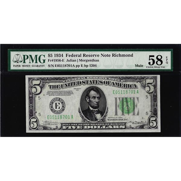 1934 $5 Federal Reserve Note Richmond Fr.1956-E Mule PMG Choice About Unc 58EPQ
