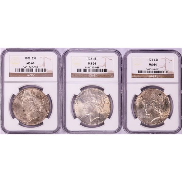 Lot of 1922-1924 $1 Peace Silver Dollar Coins NGC MS64