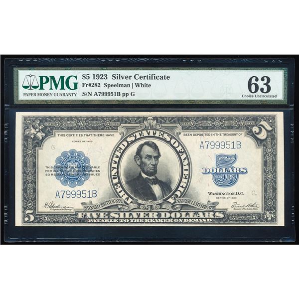 1923 $5 Porthole Silver Certificate Note Fr.282 PMG Choice Uncirculated 63