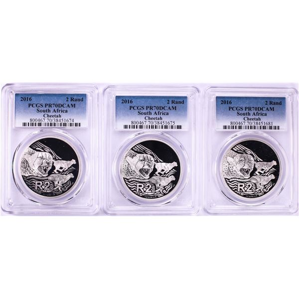 Lot of (3) 2016 Proof South Africa 2 Rand Cheetah Silver Coins PCGS PR70DCAM
