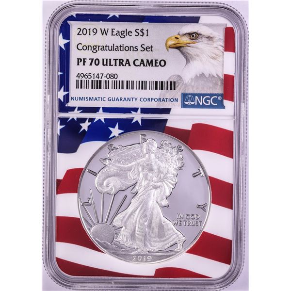 2019-W $1 Proof American Silver Eagle Coin NGC PF70 Ultra Cameo Congratulations Flag