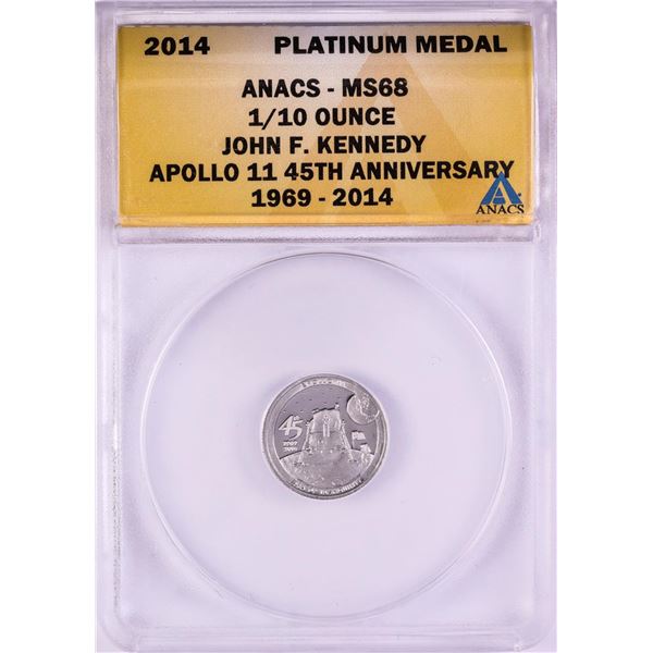 2014 Proof 1/10 oz Platinum JFK Apollo 11 Anniversary Medal ANACS MS68