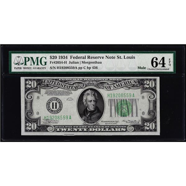 1934 $20 Federal Reserve Note St. Louis Fr.2054-H PMG Choice Uncirculated 64EPQ