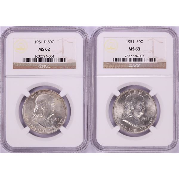 Lot of 1951 & 1951-D Franklin Half Dollar Coins NGC MS62/MS63