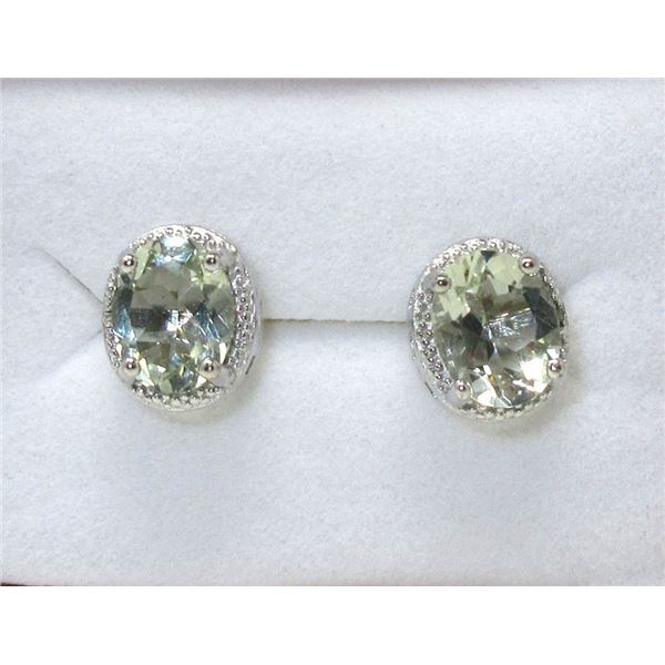 Sterling Silver Green Amethyst & Diamond Earrings