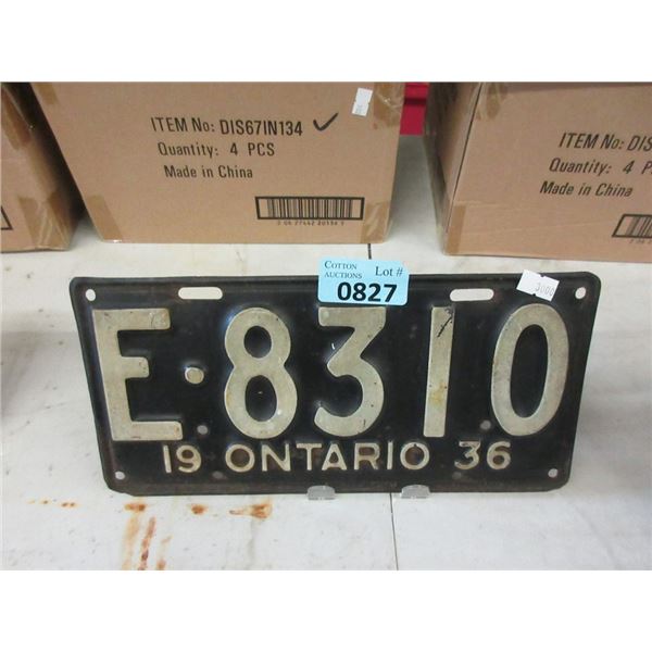 Rare 1936 Ontario License Plate - Single Plate